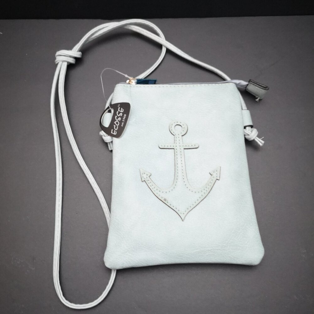 NWT Ecosse Light Blue Lined Zipper Closure Faux Leather Crossbody